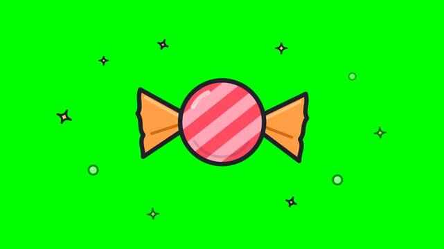 Animated cartoon candy icon with sparkles on green screen chroma key background