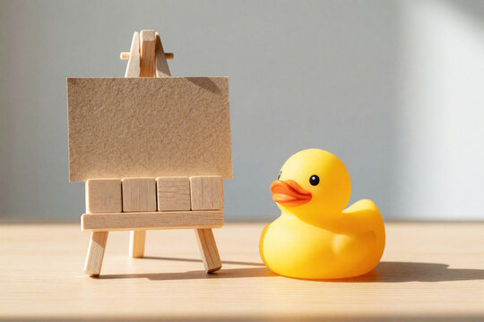 Yellow rubber duck toy sits beside wooden easel with blank card for text. Blocks suggest dates or letters for announcements. Perfect for playful messages.