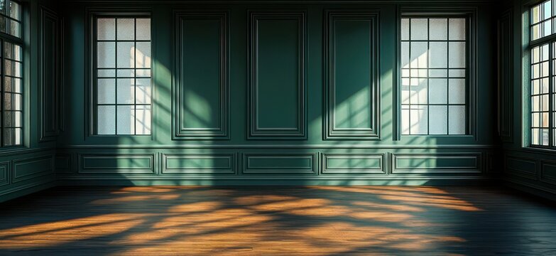 sunlit empty classic paneled room with tall mullioned windows casting patterned shadows on warm wooden floor, calm and contemplative atmosphere
