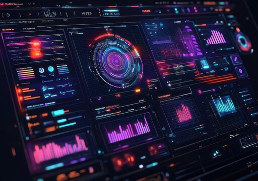 Futuristic neon data dashboard with central circular HUD, colorful bar and line charts, glowing analytics panels and dynamic high-tech intensity