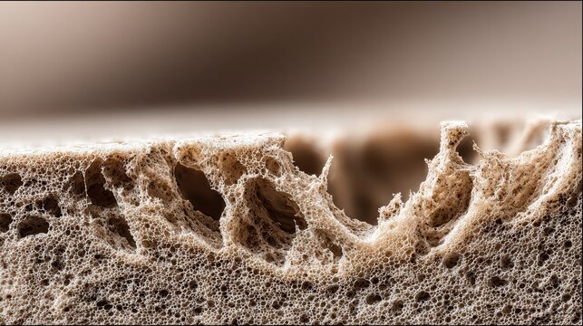 Macro close‑up of porous sponge material, honeycomb hole mesh fiber texture, natural foam structure, organic‑pore textured graphic