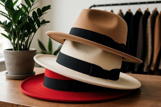 Three fedora hats in red, cream, and brown sit stacked on a wooden table next to a potted plant. Clothing racks with jackets are visible in the background.