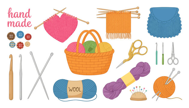 Handmade Knitting Set with Yarn Ball, Needle, Crochet Hook and Wool Basket Vector Illustration