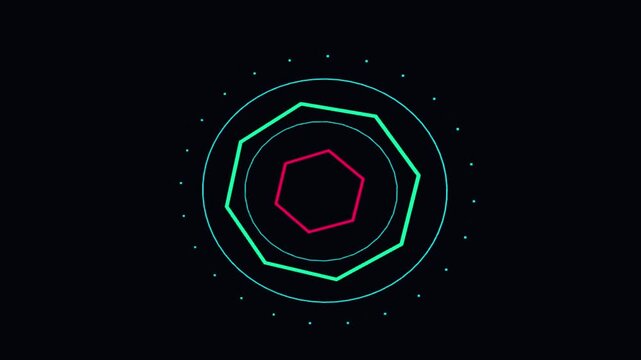 Glowing neon geometric HUD circle with green hexagon, red center shape, and cyan ring on black background motion graphic loop