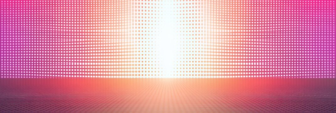 glowing central light on dotted halftone wall above reflective grid floor with radiant rays in pink orange and purple hues, futuristic neon stage with dramatic energetic optimistic mood