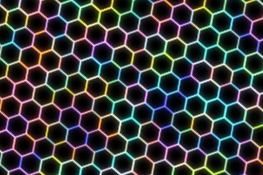 Colorful neon hexagon pattern on dark background