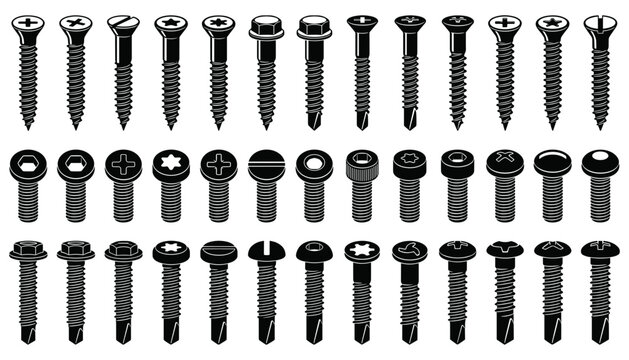 Screws and bolts icon set featuring black vector silhouettes of hardware fasteners including wood screws self tapping threads phillips heads and industrial metallic hardware