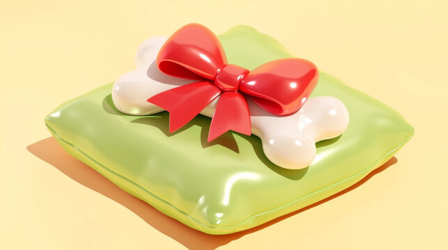 3D rendering of a glossy dog bone with red bow tie on a green pillow pet gift concept