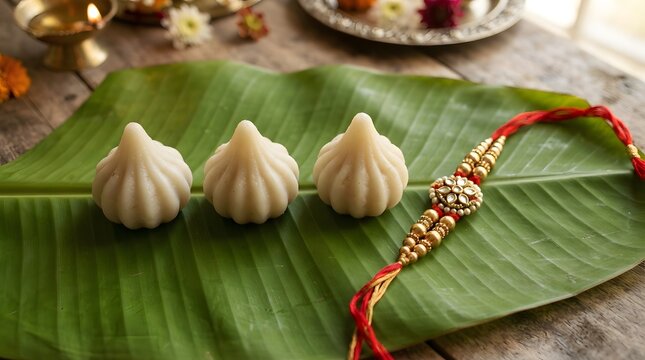 Three modaks arranged on a vibrant green banana leaf alongside a traditional rakhi for celebration, depicting indian festive food and culture