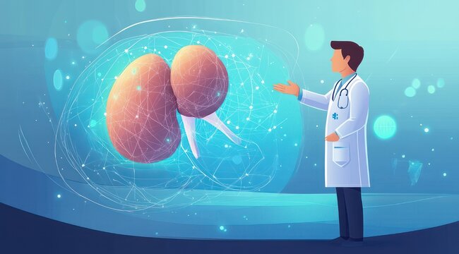 Doctor in white coat with stethoscope presenting glowing holographic pair of kidneys and ureters with a digital network overlay, futuristic informative medical scene