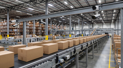 Fototapeta premium Conveyor belt transporting cardboard boxes inside large industrial warehouse