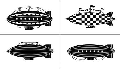 Vintage airship blimp dirigible silhouettes set with retro patterns steampunk transport vector illustration design elements © MSTRAZINA