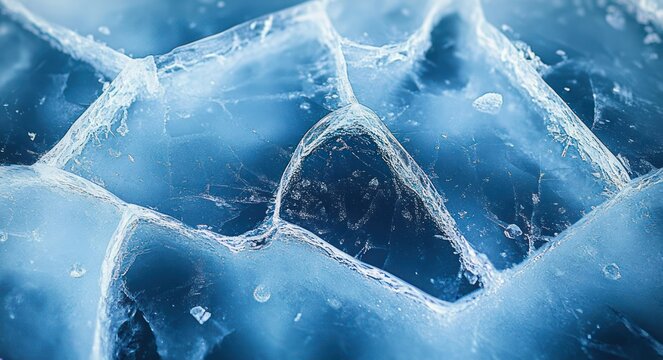close-up of blue crystalline ice with cracked ridges and hollow pockets, cold serene abstract texture evoking glacial stillness