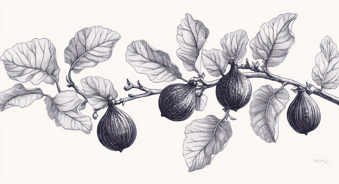 delicate monochrome botanical drawing of a fig branch with ripe fruits, veined leaves and buds conveying calm, elegant simplicity
