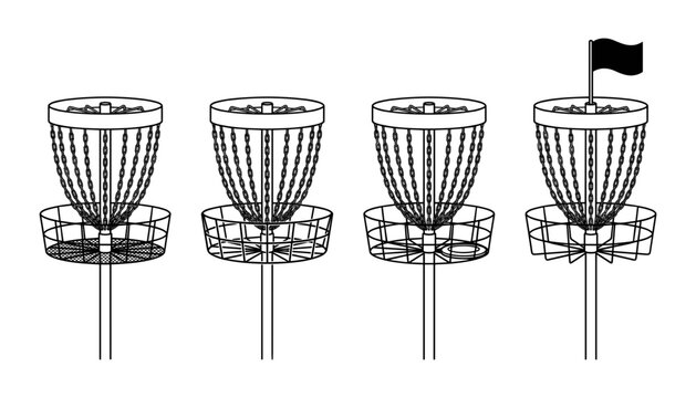 Disc golf basket target icons set with chains and flags for outdoor sports activity line art vector illustration