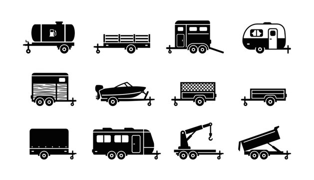 Vehicle trailers and camper caravans silhouette icons set including boat utility horse and cargo carrier vector illustration