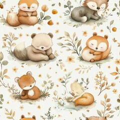 Naklejka premium curled sleeping baby woodland animals (foxes, raccoon, bear) among delicate flowers, leaves, acorns and mushrooms in soft watercolor tones evoking cozy peaceful calm