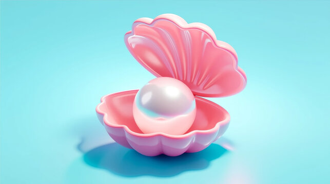 3D illustration of a beautiful white pearl inside an open pink seashell on a turquoise background