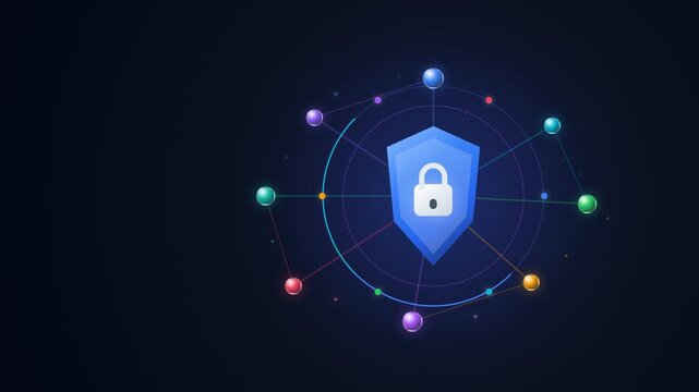 Cyber security protection shield with lock symbol and digital network connections background