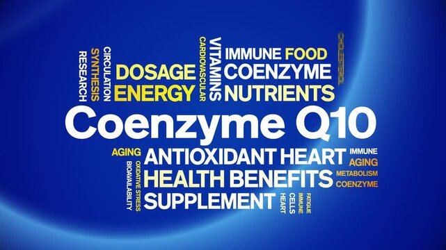 Coenzyme Q10 animated word cloud-CoQ10 text design animation tag kinetic typography seamless loop.