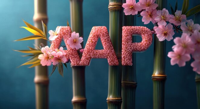 three-dimensional pink floral letters resting among green bamboo stalks with cherry blossoms and tropical leaves, serene and tranquil composition