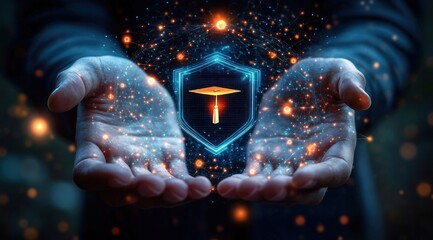Naklejka premium Two cupped hands presenting a glowing holographic shield with a graduation cap, surrounded by network nodes and sparks, conveying protective and hopeful support for education