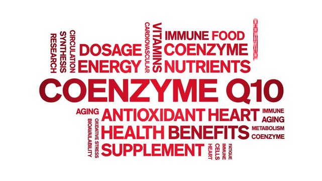 Coenzyme Q10 animated word cloud-CoQ10 text design animation tag kinetic typography seamless loop.