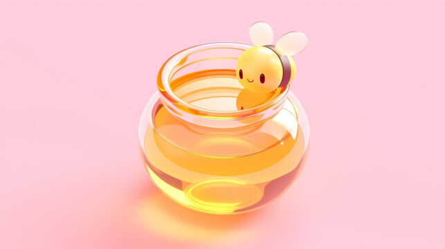 3D render of a cute cartoon bee sitting on a glossy honey jar against a pink background