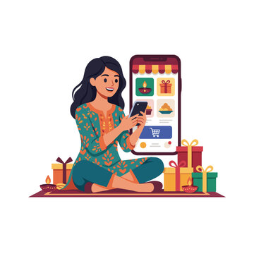 Young adult shopping Diwali gifts on smartphone for festive e-commerce blogs