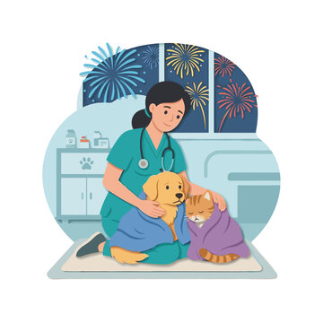 Veterinarian caring for pets during fireworks for Diwali noise anxiety help