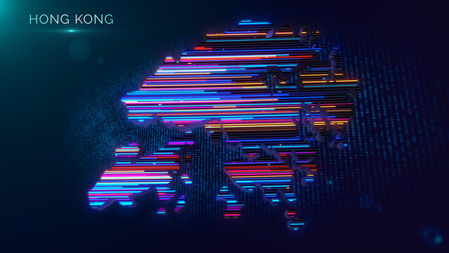 Modern abstract composition featuring a glowing 3D Hong Kong map with colorful neon lines, digital grid background, particles, depth of field, light flare, bokeh, and Hong Kong text.