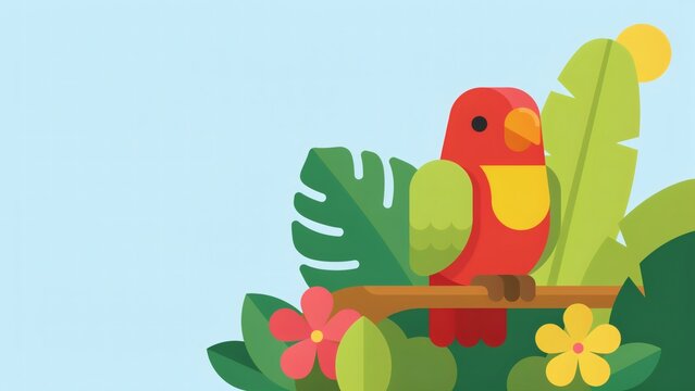 Colorful tropical parrot perched on branch surrounded by lush exotic foliage and flowers in minimalist vector illustration style