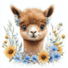 Naklejka premium gentle smiling baby alpaca surrounded by blue and yellow wildflowers, cheerful and adorable expression
