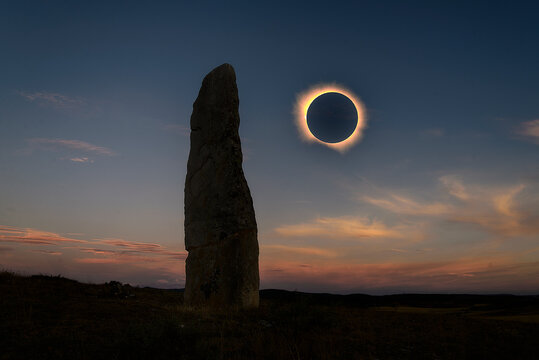 Total solar eclipse with glowing corona shining next to an ancient stone menhir standing on a hill at twilight near Mataporquera Spain
