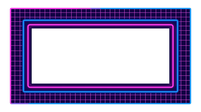 Retro futuristic neon frame with grid background in a vibrant 80s style on dark blue