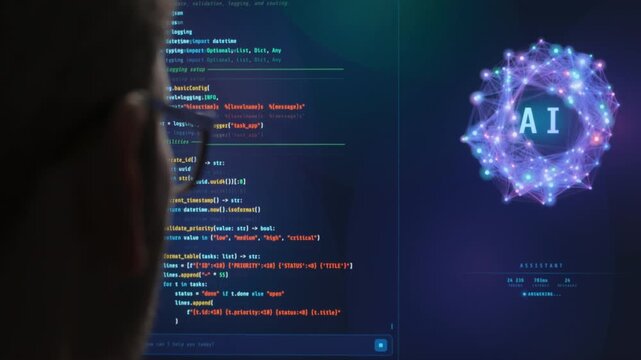 Rear view close up of a programmer watching an AI assistant work on program code on a large monitor. Artificial intelligence chatbots and agent in modern software development. Space for text