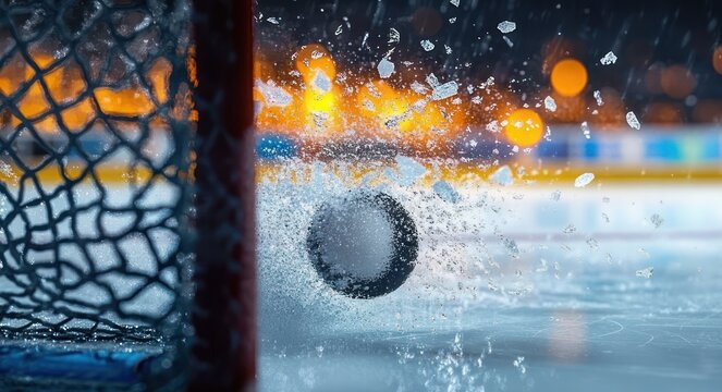 Hockey puck slamming into ice at the goal crease sending a spray of ice shards by the net under glowing arena lights, intense impact and motion