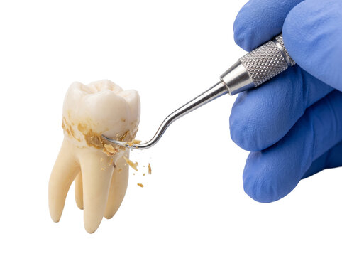 Dental plaque calculus removal human tooth model cleaned by dentist with dental scaler tool for hygiene medical concept closeup on black background showing tartar decay prevention care procedures.