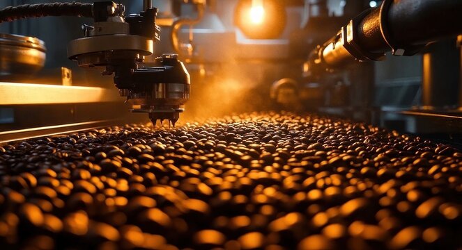 Roasted coffee beans flowing on a conveyor under steaming automated roasting machinery with warm glow and rich aromatic industrial atmosphere