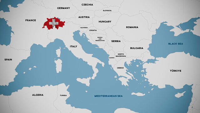 Switzerland Map Highlighted with National Flag Texture on Europe Map Illustration