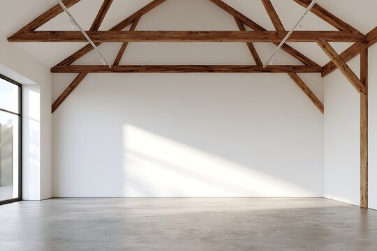 Empty rustic barn interior with exposed wooden beams and concrete floor