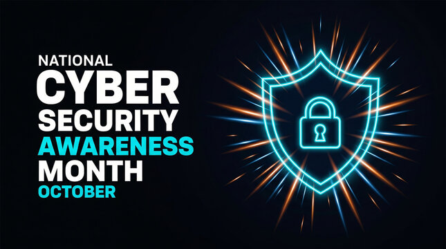 National Cyber Security Awareness Month banner, glowing neon shield and padlock icon, October digital safety campaign graphic