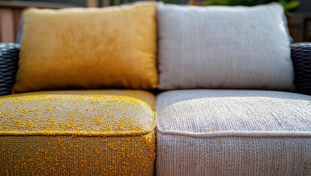 Close-up of cozy two-tone textured sofa with warm yellow and soft gray seat and back cushions on a woven frame, inviting comfortable home seating