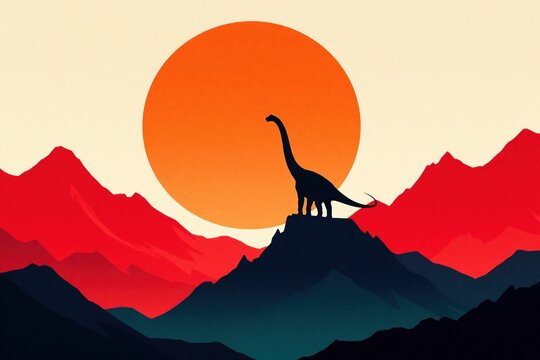 Silhouette of long neck dinosaur stands on rocky mountain peak against giant orange sun, red mountain ranges. Minimalist illustration prehistoric landscape with dramatic sunset sunrise atmosphere.