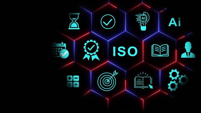 Iso certification and management system concept with glowing digital and hexagonal network background