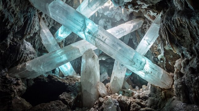 Massive glowing selenite crystals emerge from dark cavern depths with bright light shining through natural formation