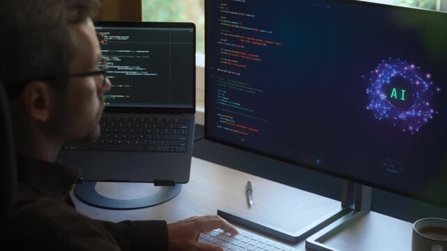 Focused coder using AI assistant to write programing code on computer at desk with dual screens, boosting productivity and automation with artificial intelligence agents and AI chatbots. Copy space