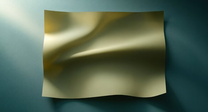 gold-green metallic satin sheet with soft flowing folds mounted on teal wall under dramatic studio lighting, serene elegant mood
