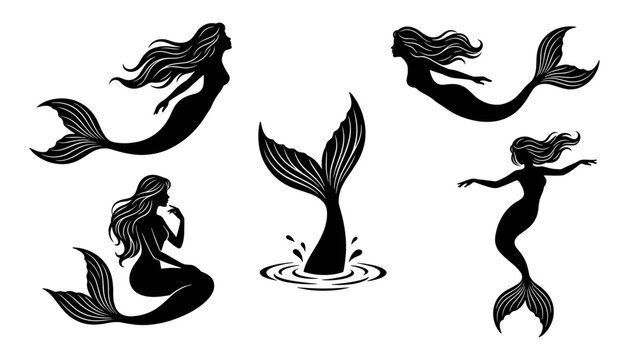 Elegant Mermaid Silhouette Vector Illustration Set featuring Mythical Sea Girls Swimming and Fishtail Splashing in Water for Marine Fairytale Graphic Designs