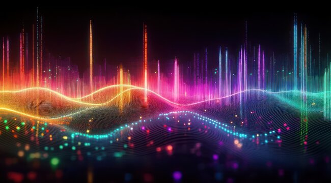 vibrant neon waveforms and glowing particle grid with vertical light bars on dark background conveying dynamic futuristic energy